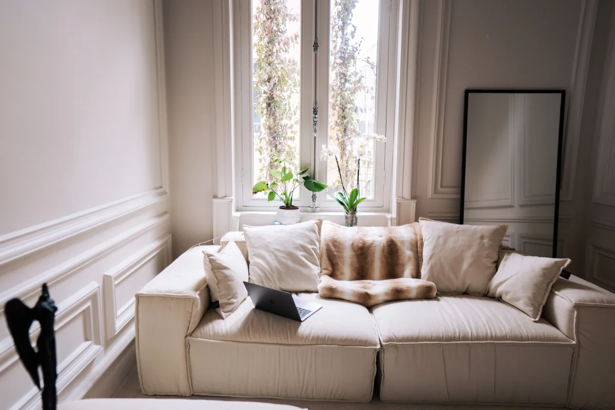 An ivory sofa and houseplants in a sunlit living room.
