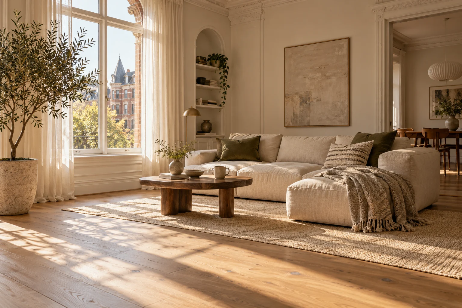 Sunlight across a linen sofa and oak floors in a welcoming living room.